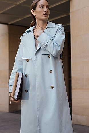 Pale Blue Cotton Longline Trench Coat WOMEN Jackets Coats Trenery