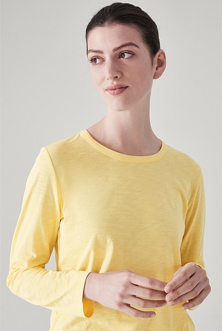 Zesty Yellow Organic Cotton Slub Long Sleeve T shirt WOMEN T Shirts Tops Trenery