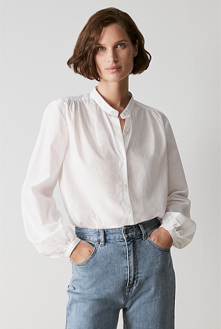 White Cotton Voile Blouson Sleeve Blouse WOMEN Shirts Trenery