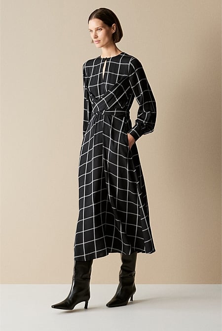 Modal Check Wrap Waist Dress