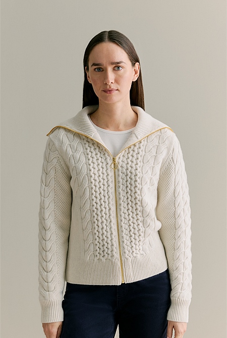 Wool Cable Zip Through Cardigan