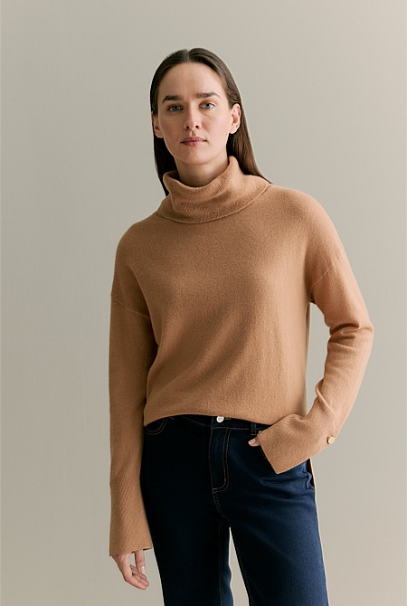 Wool Blend Button Detail Relaxed Rollneck