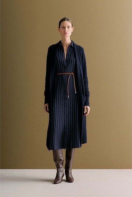 Twill Pinstripe Belted Dress