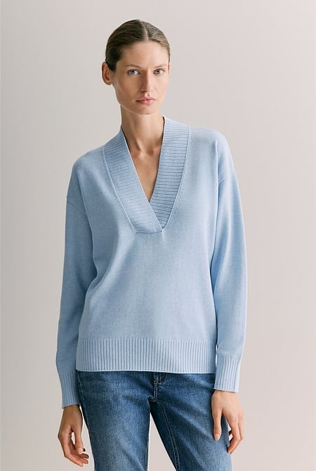 Cotton Cashmere Relaxed V Neck Knit