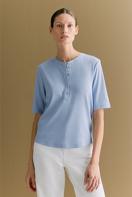 Cotton Rib Half Sleeve Henley