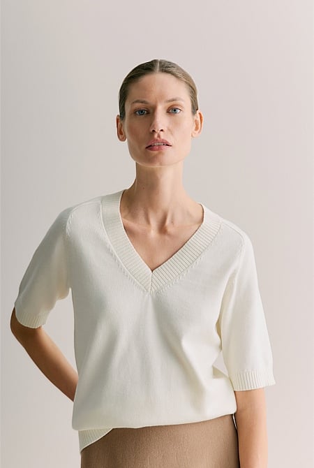 Cotton Cashmere V Neck Knit Top