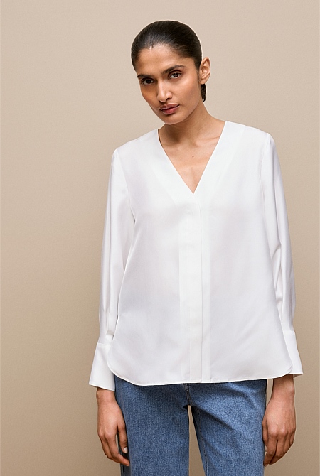 Silk Twill Collarless V Neck Blouse