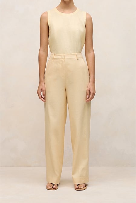 Linen Cotton Herringbone Tailored Wide Leg Pant