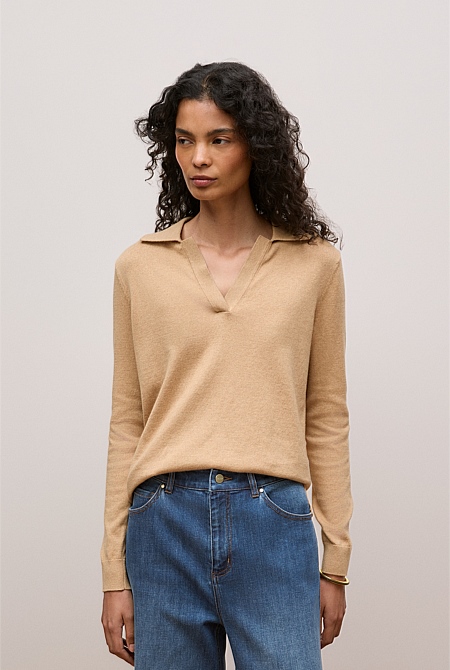 Cotton Cashmere Long Sleeve Polo