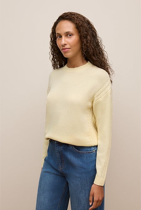 Wool Cashmere Cable Detail Crew