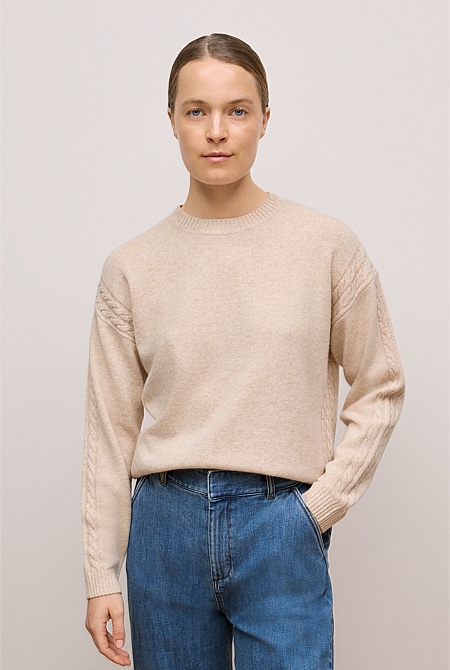Wool Cashmere Cable Detail Crew
