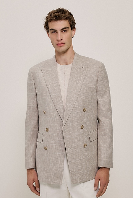 Textured Wool Blend Double Breasted Blazer