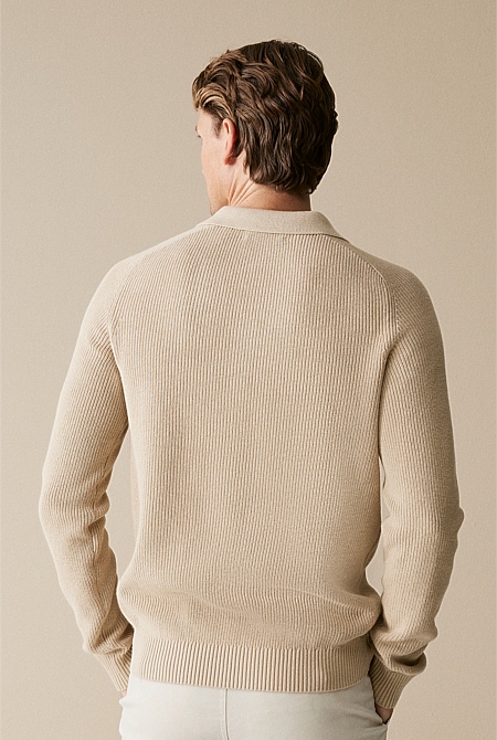 Cotton Rib Knit Long Sleeve Polo