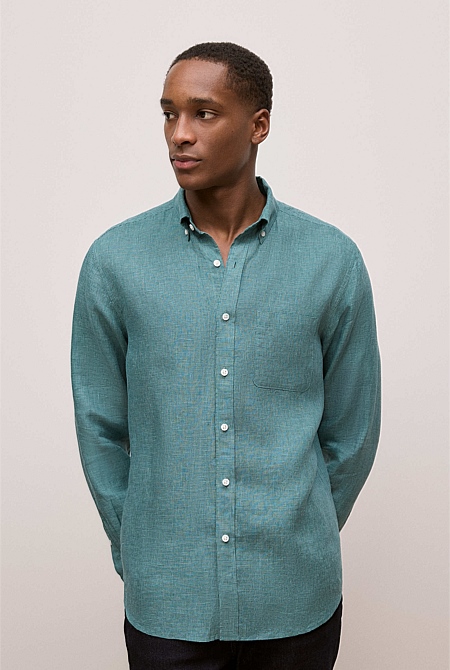 Regular Fit Linen Micro Check Long Sleeve Shirt