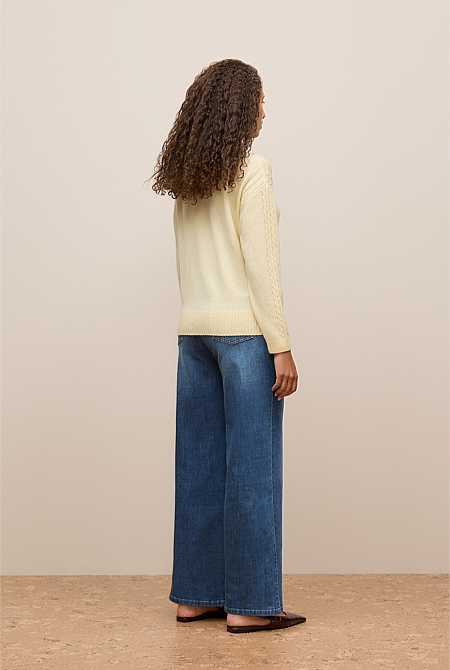 Wool Cashmere Cable Detail Crew