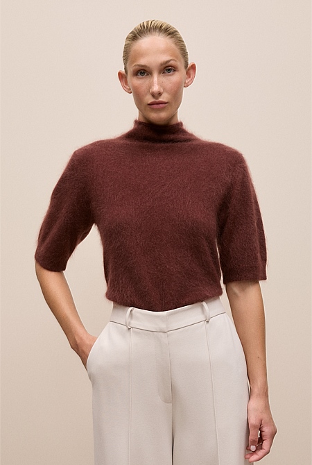 Brushed Cashmere Mock Neck T-Shirt