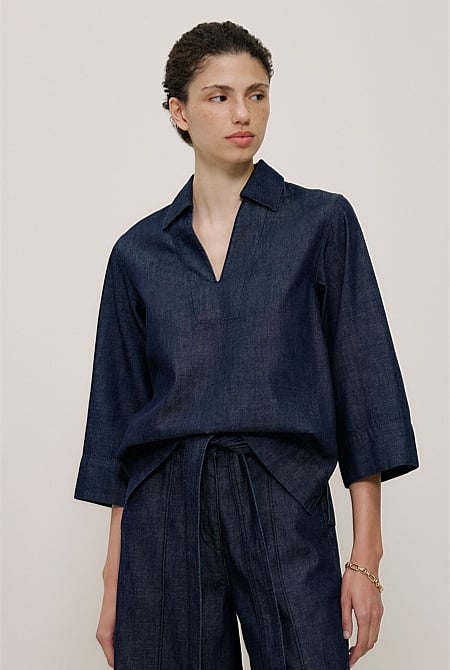 Soft Denim Collared Popover