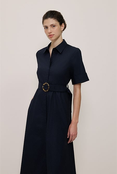 Poplin Pleat Detail Short Sleeve Dress