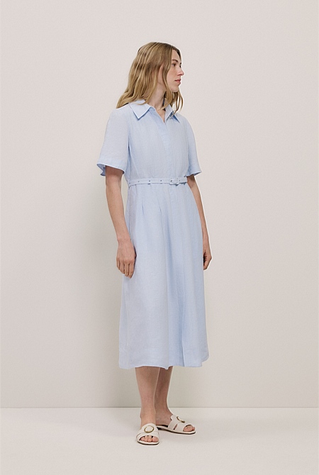 Linen Belted Short Sleeve Shirt Dress