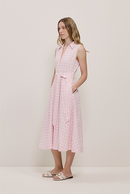 Gingham Linen Sleeveless Shirt Dress