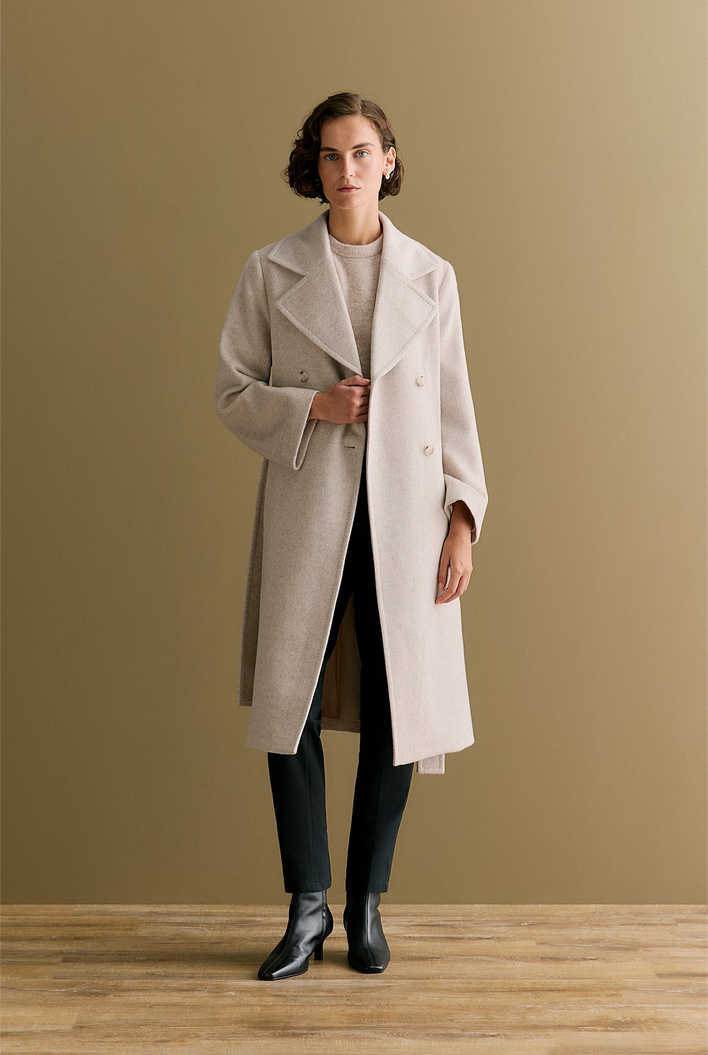 Herringbone Wool Tan Wool Coat Ladies Oat Herringbone Wool Trench