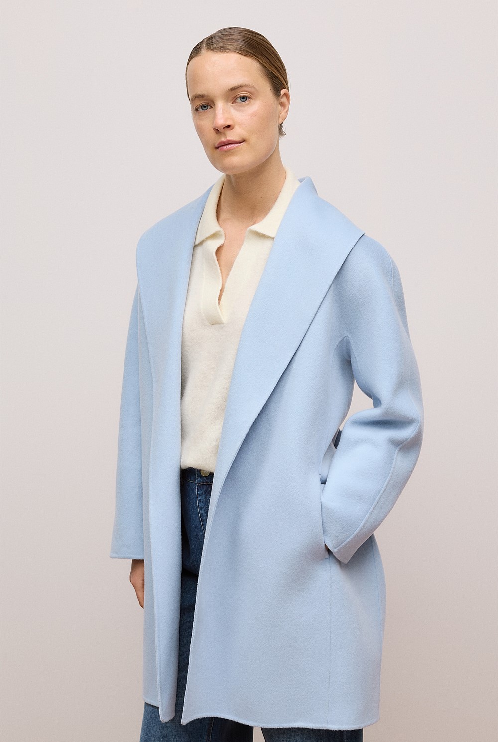 SHAREEF W-FACE MIDDLE COAT ターコイズブルー Mist Blue Double Faced Wool Wrap Coat - WOMEN Outerwear | Trenery